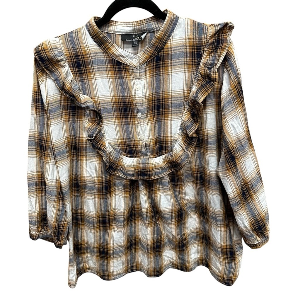 Suzanne Betro women’s brown plaid ruffle front blouse shirt 2x Western - Picture 1 of 6